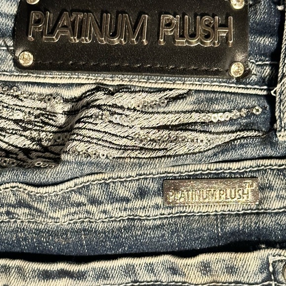 Stylish Biker Platinum Plush Flare Blue Jeans Embroidered & Dazzled Designs - Picture 2 of 7